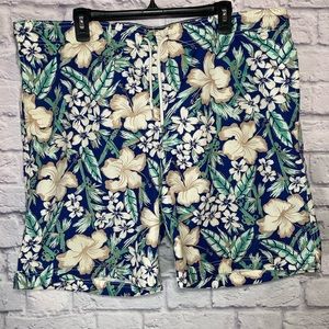 Lands' End Mens Blue Floral Cargo Swim Trunks Size L 36-38 Suit Board Shorts‎